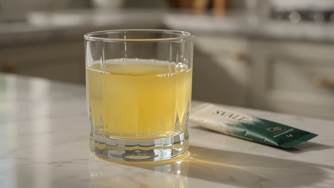 Et glass med oppløst SVALI ved siden av en SVALI-stick, på kjøkkenbenk